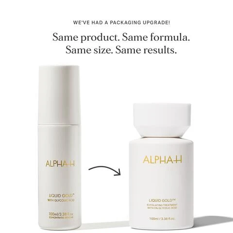 Image 1, we've had a packaging upgrade! same product, same formula, same size, same results. image 2, after 8 weeks 88% saw an improvement in skin tone and luminosity skin elasticity improved by 93% 88% saw an improvement in skin texture Image 3, feel the tingle in 3 seconds. notice a visible glow in 3 nights, see skin transformed in just 3 weeks. Image 4, liquid gold exfoliating treatment, 88% saw skin tone and luminosity improved, before and after Image 5,accelerates the skin's renewal process. improves brightness, texture and tone. supports collagen production, reduces the appearance of sun damage, fine lines, wrinkles and pigmentation.