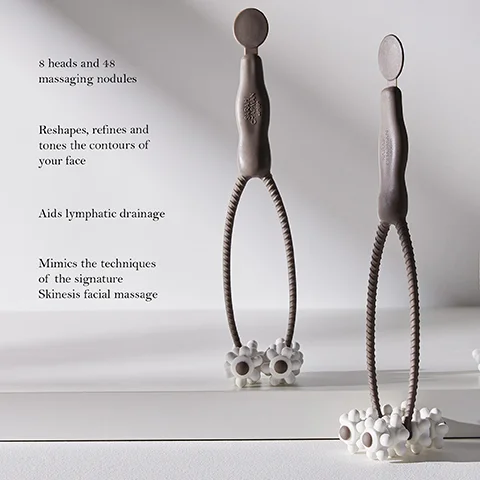 Image 1, 8 heads and 48 massaging nodules Reshapes, refines and tones the contours of your face Aids lymphatic drainage Mimics the techniques of the signature Skinesis facial massage