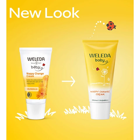 Image 5 - A promotional image on a yellow background illustrates a product redesign for Weleda Baby Nappy Change Cream, with the title New Look at the top left, showing the old white tube on the left displaying calendula flowers and the text WELEDA Since 1921 baby Nappy Change Cream Cares for and protects the delicate skin of the nappy area CALENDULA, and an arrow pointing to the new yellow tube on the right which features a drawn flower, a ladybug, and the text WELEDA baby NAPPY CHANGE CREAM ORGANIC CALENDULA, with a small red ladybug also flying at the top right of the overall image. Image 6 - A baby lies on its back while an adult gently holds its feet, with text overlay stating 93% with a ladybug icon agree: effectively protects against soreness* in-use study, 80 babies/toddlers, 4 weeks, use at least after every thorough cleaning of nappy area (average 4x a week). Image 7 - A close-up image shows a babys torso with a small hand resting on a light-colored garment, with the visible text Recommended by pediatricians* Cares for irritated & reddened skin *5 paediatricians, in-use study, 80 babies/toddlers, 4 weeks, use at least once daily. Image 8 - A baby lies on its back wearing a white cloth diaper with its legs lifted, alongside the text Apply on the whole nappy area after thorough cleansing.