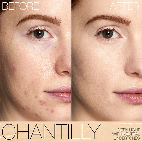 Image 1 - Image shows a split comparison of a womans face labeled Before on the left and After on the right, showcasing a clear improvement in skin texture and tone; visible text includes CHANTILLY and VERY LIGHT WITH NEUTRAL UNDERTOONES.
Image 2 - An arrangement of NARS concealer tubes in various shades, with the text stating #1 CONCEALER IN THE U.K.*, 16-HOUR WEAR, 24-HOUR HYDRATION, and CREASE-RESISTANT.
Image 3 - A collage of six close-up images of diverse women showcasing different skin concerns, with labels above each row for Redness, Undereye Circles, Fine Lines, and Blemishes, and the title COVER YOUR BASES at the top.
Image 4 - A swatch of creamy beige foundation is shown next to text that lists benefits including Radiant Results, Evens Skin Tone with Mineral-Tone Balancing Powder, Smooths the Look of Skin with Light-Diffusing Mineral Powder, and Hydrates and Firms with Multi-Active Botanical Blend.
Image 5 - A collage of ten makeup swatches on various skin tones labeled with names and descriptions; the names from left to right on the top row are Chantilly, Affogato, Vanilla, and Nougatine, and on the bottom row are Madeleine, Café au Lait, Crème Brulée, Café con Leche, Cannelle, Marron Glacé, and Honey.
Image 6 - A close-up portrait of a woman with dark skin and long hair, holding a foundation product in one hand, with text next to her stating 97% agree this product is lightweight and comfortable, 95% agree their skin looked smoother, 93% agree it brightens the eye area, and a note at the bottom indicating its based on a U.S. consumer perception study of 60 women after two weeks of use.
Image 7 - Image shows three close-up views of a womans face: the left side labeled BEFORE shows blemishes, the middle labeled APPLICATION has a dot of concealer on her cheek, and the right side labeled AFTER shows a smooth complexion. Model is wearing Radiant Creamy Concealer and Pure Radiant Tinted Moisturizer.
Image 8 - The image shows a comparison chart titled PAIR AND PERFECT featuring two columns: the left column lists shades of LIGHT REFLECTING FOUNDATION from NARS, including names like Siberia and Gobi, while the right column lists corresponding shades of RADIANT CREAMY CONCEALER, including Affogato and Chantilly.
Image 9 - An arrangement of NARS cosmetic products including a foundation bottle, concealer tube, setting powder compact, and an eye brightener, with graphics indicating their names and benefits: Light Reflecting Foundation, Radiant Creamy Concealer, Light Reflecting Eye Brightener, and Light Reflecting Setting Powder.