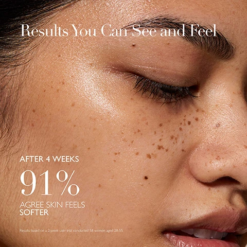 Image 1 - Close-up of a persons face showing skin texture, freckles, and a shiny appearance, with visible text stating Results You Can See and Feel, AFTER 4 WEEKS, 91% AGREE SKIN FEELS SOFTER, and Results based on a 2-week user trial conducted 58 women aged 28-55.
Image 2 - An infographic titled Science Backed Ingredients features three ingredient descriptions: Marine Exopolysaccharide absorbs excess sebum to reduce shine and control oil production, Vitamin C (Ascorbyl Tetraiso Palmitate) brightens tone, boosts elasticity, and provides antioxidant defense against free radicals, and Hyaluronic Acid attracts and retains water for firmer, suppler skin, with the text Powered by The Healing Concentrate™ at the bottom.