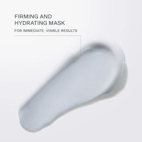 Image 1 - A smooth, pale gray cream is spread across a white background, with the text FIRMING AND HYDRATING MASK FOR IMMEDIATE, VISIBLE RESULTS visible in the upper left corner.