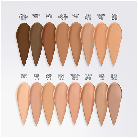 Image 1 - A display of various makeup foundation shades laid out in swatches, with labels for each shade including Warm Chestnut W60, Nutmeg N70, Hazel N70, and others, providing a range from dark to light tones.
Image 2 - A smooth swatch of light beige foundation is displayed on a pale background with visible text that reads Dewy Foundation and Matching Concealer Infused with Caviar Extract.
Image 3 - An image showing a round, golden oil droplet surrounded by a circular dish, with text that reads EXCLUSIVE CELLULAR COMPLEX™ ENERGIZES AND BOOSTS SKINS NATURAL REPAIR PROCESS.
Image 4 - A serene lake scene at dusk surrounded by mountains, featuring the text La Prairie, A Swiss Luxury House, Crafting Ultimate Skincare.