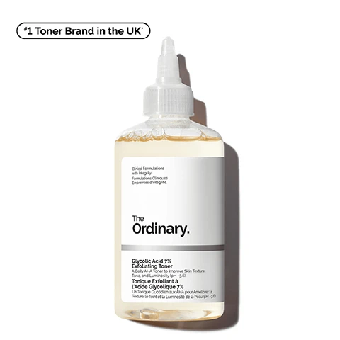 Image 1 - A transparent bottle containing a liquid toner with a pump top, labeled The Ordinary, and featuring text that includes Glycolic Acid 7% Exfoliating Toner, A Daily AHA Toner to Improve Skin Texture, Tone, and Luminosity, and *1 Toner Brand in the UK*.
Image 2 - A close-up image of bubbles in a light, reflective liquid, accompanied by three text points that state: significantly smoothed skin texture, improves signs of congestion, and instantly boosts skin radiance.
Image 3 - Image shows a close-up of a persons face comparing the skin condition before and after using a product, with the left side labeled Before and the right side labeled After, displaying a noticeable improvement in skin tone; visible text includes promotes a more radiant, even skin tone and testing on 30 panellists using the product 1x/day.
Image 4 - A person with light skin is gently applying a cotton pad to their cheek, showcasing a skincare routine, with the words Exfoliating and Smoothing displayed below.
Image 5 - An image showing a clear liquid toner in a glass container, accompanied by text that highlights the key ingredients: 7% Glycolic Acid and Tasmanian Pepperberry Derivative, with descriptions of their benefits.
Image 6 - An infographic featuring various skincare products from The Ordinary, including a bottle of Glycolic Acid 7% Exfoliating Toner, alongside tips for pairing it with other products like a multi-antioxidant radiance serum, niacinamide, and squalane lip balm, with notes on skin benefits and hacks for face, arms, legs, and hair care.
Image 7 - Image shows a skincare regimen labeled for brighter skin, featuring products from The Ordinary, including a Glucoside Foaming Cleanser, Glycolic Acid 7% Toning Solution, Niacinamide 10% + Zinc 1%, and Natural Moisturizing Factors + Beta Glucan, with text outlining the steps labeled as PREP, TREAT, and SEAL.
Image 8 - Image features two bottles of toner side by side on a light background, with the title What Toner Should I Use, the left bottle labeled Saccharomyces Ferment 30% Milky Toner, and the right labeled Glycolic Acid 7% Exfoliating Toner, with descriptive points beneath each highlighting their benefits and usage.