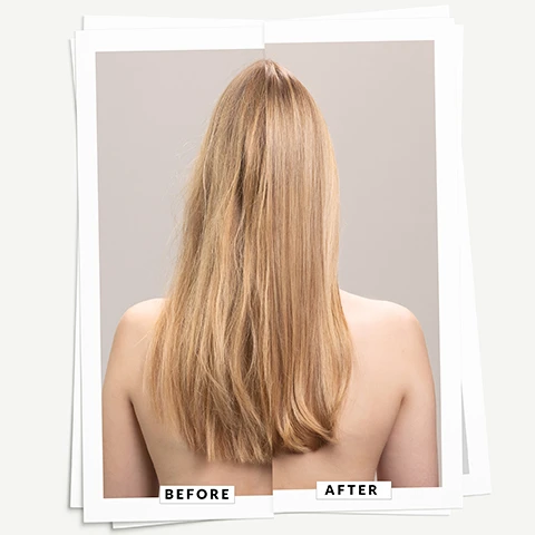 Image 1 - A split image shows a persons blonde hair from the back, with the left side showing frizzy hair labeled BEFORE and the right side showing smooth hair labeled AFTER. Image 2 - A split image showing a persons curly hair before and after BEFORE AFTER. Image 3 - A bottle of Davines OI Oil is shown with a white textured background and a B Corporation logo, with the following text displayed: MULTI-PURPOSE HAIR OIL SHINY, SOFT, FRIZZ-FREE HAIR ANTIOXIDANT & ANTI-FREE RADICAL PROTECTS HAIR STRUCTURE davines OI OIL WITH ROUCOU OIL - CON OLIO DI ROUCOU AVEC HUILE DE ROUCOU ABSOLUTE BEAUTIFYING POTION POZIONE DI BELLEZZA ASSOLUTA POTION DE BEAUTÉ ABSOLUE ALL HAIR TYPES - TUTTI I TIPI DI CAPELLI TOUS TYPES DE CHEVEUX 135 ml e 4.56 fl.oz. U.S. Certified B Corporation.
