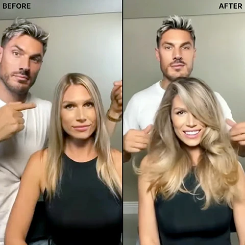 Image 1 - A before-and-after image shows a man with gray and dark hair standing behind a woman with long, straight blonde hair on the left, and the same man standing behind the same woman with voluminous, wavy blonde hair on the right, with the visible text BEFORE and AFTER. Image 2 - A white bottle of Color Wow Dream Cocktail hair treatment stands on a light purple background, with text visible on the bottle reading COLOR WOW DREAM COCKTAIL Carb-infused LEAVE-IN THICKENING TREATMENT Enrichi de glucides SOIN ÉPAISSISSANT SANS RINÇAGE 50ml e 1.6 FL OZ, and additional features listed in surrounding icons including Heat protection, Adds instant mass + body to fine, thin hnaie, Leave-in thickening treatment, Sulphate-free + gluten-free, and Vegan, cruelty-free. Image 3 - Three women with different hair colors display healthy, styled hair above a table titled WHICH COCKTAILS ARE RIGHT FOR YOU? which presents hair problems and their solutions: PROBLEM Breakage, DREAM COCKTAIL Kale-Infused Formula, RESULT 50% stronger hair with just one use; PROBLEM Dull, dehydrated-straw-like hair, DREAM COCKTAIL Coconut-Infused Formula, RESULT Hydrates + silkens; PROBLEM Fine, limp hair, DREAM COCKTAIL Carb-Infused Formula, RESULT Thickens + adds mass.