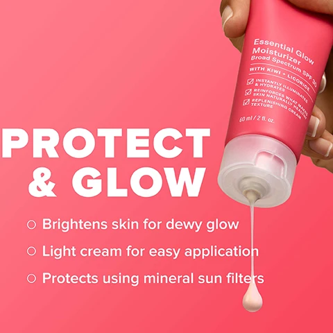 Image 2 - A hand is holding a tube of Essential Glow Moisturizer with a pink background, and the visible text includes Protect & Glow, Brightens skin for dewy glow, Light cream for easy application, Protects using mineral sun filters, and the tube size is 60 ml / 2 fl. oz.
Image 3 - Image shows a skincare products ingredients description on a pink background, detailing kiwi rich in antioxidants, licorice root extract as a potent antioxidant and skin-soothing agent, and argan oil with skin-softening properties, with the text Whats inside at the top.
Image 4 - Image shows a tube of Essential Glow Moisturizer with a creamy texture being poured out, accompanied by graphics indicating skin concerns such as anti-ageing, dull skin, sensitive skin, and anti-pollution; text includes Essential Glow Moisturizer Broad Spectrum SPF 30 WITH KIWI + LICORICE INSTANTLY ILLUMINATES HYDRATES WHAT MATTERS.
Image 5 - Image of a tube of sunscreen against a coral background, with a dollop of the product beside it; the text advises to apply a liberal amount to face and neck 15 minutes before sun exposure, reapply throughout the day, and wait 1-2 minutes before applying makeup.
Image 6 - Image shows three skincare products from Paulas Choice: a dark gray bottle labeled 6% Mandelic Acid and 2% Lactic Acid Liquid Exfoliant, a black bottle labeled 2% BHA Liquid Exfoliant with salicylic acid, and a red tube labeled Essential Glow Moisturizer with SPF 30; the text includes Treatments Work Harder With EXFOLIATION, Unclog Pores OR Brighten & smooth, and Protect & glow.