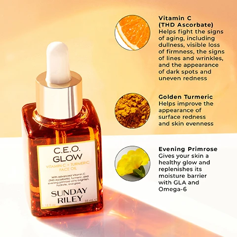 Image 1, vitamin c (THD ascorbate) helps fight the signs of aging, including dullness, visible loss of firmness, the signs of lines and wrinkles, and the appearance of dark spots and uneven redness. golden turmeric - helps improve the appearance of surface redness and skin evenness. evening primose - gives your skin a healthy glow and replenishes its moisture barrier with GLA and omega-6. image 2, this unique oil soluble formula is carried by a superhighway of antioxidant rich oils that send vitamin c where it has never gone before. your healthy flowing skin will instantly feel light, tight and bright.