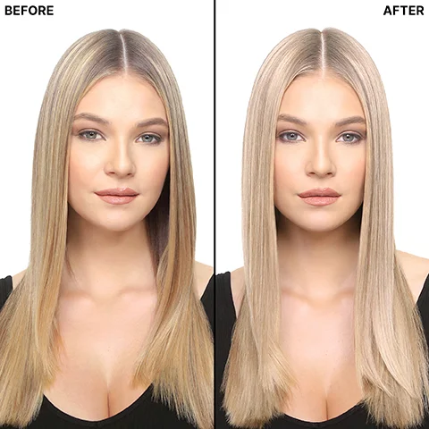 A split image shows a woman with long blonde hair with the text BEFORE on the left side showing her hair as a warmer, slightly duller blonde, and the text AFTER on the right side showing her hair as a cooler, brighter, and more vibrant blonde.