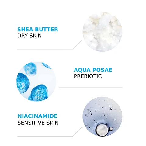 Image 1 - Image features three circular sections showing ingredients for skincare: a textured white circular area labeled SHEA BUTTER DRY SKIN, a blue gel-like circular area labeled AQUA POSAE PREBIOTIC, and a circular area with drops of liquid labeled NIACINAMIDE SENSITIVE SKIN.
Image 2 - A close-up of a hand applying cream to skin, with text on the right stating apply all over the body, face and hands in the morning and evening.
Image 3 - Image features the La Roche-Posay logo at the top, followed by icons and text indicating that the product is recommended by a healthcare professional, suitable for all skin types, paraben-free, and fragrance-free.
Image 4 - Image of a healthcare professional in a white coat against a blue background, featuring text that states number one dermatologist recommended brand in the UK with a note about a study of consultant dermatologists from January to April 2023.
Image 5 - Image of a white pump bottle labeled Lipikar Baume AP+M by La Roche-Posay, with instructions stating to apply daily to the body and gently massage until absorbed.
Image 6 - A bottle of La Roche-Posay Lipikar Balm AP+M is shown against a background featuring four varying skin tones, with the text SUITABLE FOR ALL SKIN TYPES prominently displayed.