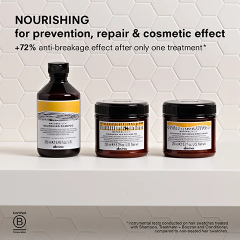 NOURISHING for prevention, repair & cosmetic effect +72% anti-breakage effect after only one treatment* NATURALTEC NOURISHING SHAMPOO 250e845 US devines 250e879 cz. U.S.Net davies 250 ml 877o. US Nett devines Certified B Corporation *Instrumental tests conducted on hair swatches treated with Shampoo, Treatment Booster and Conditioner, compared to non-treated hair swatches