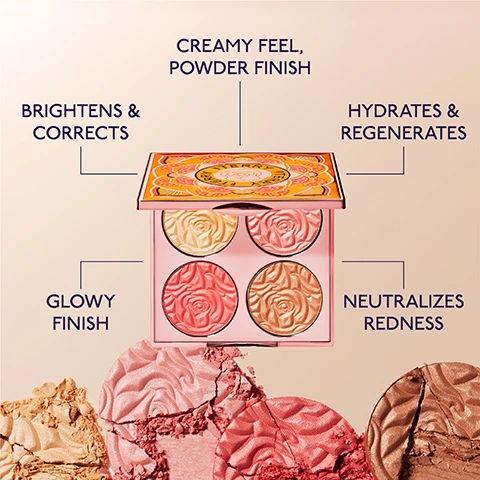 Image 1 - An open makeup palette with four rose-embossed circular pans in cream, light pink, rose, and bronze shades, with crushed powder below, and accompanying text descriptions: BY TERRY, CREAMY FEEL, POWDER FINISH, BRIGHTENS & CORRECTS, HYDRATES & REGENERATES, GLOWY FINISH, NEUTRALIZES REDNESS. Image 2 - A close-up view of four cosmetic powder swatches, accompanied by their shade names and benefits: N.1 Champagne Blush Highlights & Lifts, N.2 Petal Pink Brightens & Adds Blush, N.3 Vibrant Rose Radiance & Warmth, N.4 Desert Sparkle Bronzes & Sculpts.