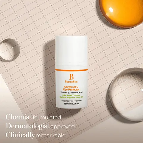 Image 1, ง B BeautyStat Universal C Eye Perfector Vitamin C (L-Ascorbic Acid CMH Repair Complex Caffeine, Magnolia, Hemp O Fragrance-Free/Patented 15mle/as floa Chemist formulated. Dermatologist approved. Clinically remarkable. Image 2, 97%* agreed that their under-eye skin looks and feels hydrated. 90%* of participants demonstrated an improvement in the look of crow's feet, fine lines and wrinkles. B BeautyStat Universal C Eye Perfect *28 day clinical study of 32 subjects using 2x daily Image 3, 5% l ascorbic acid brightens and firms, caffeine and magolia calms and reduces puffiness pure green tea actives soothes and reduces dark spots