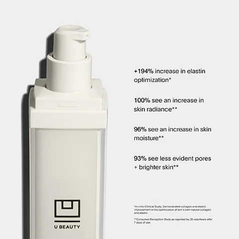 Image 1 - A white skincare product with a pump dispenser is shown on the left, accompanied by text on the right that lists various skin benefits: +194% increase in elastin optimization*, 100% see an increase in skin radiance**, 96% see an increase in skin moisture**, 93% see less evident pores + brighter skin**.