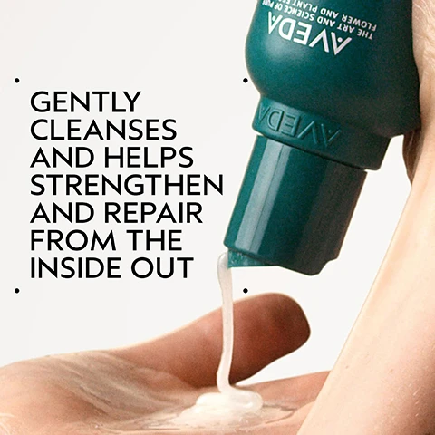 Image 2 - A dark green Aveda bottle is tilted upside down, pouring a white product into a persons hand, next to large black text that reads GENTLY CLEANSES AND HELPS STRENGTHEN AND REPAIR FROM THE INSIDE OUT, and visible upside down on the bottle is AVEDA THE ART AND SCIENCE OF PURE FLOWER AND PLANT ESSENCES. Image 3 - A split image shows a persons light brown hair from the back, with the left side depicting dull, somewhat tangled hair and the right side showing smooth, shiny, and straight hair, accompanied by the text BEFORE AFTER Unwashed Hair Results with botanical repair™ strengthening shampoo, strengthening conditioner and strengthening overnight serum. Blow dried with round bristle hair brush. Image 4 - The image shows a dark green background with a swirling green and yellow liquid pattern within a large circle, featuring the text PLANT-DERIVED BOND BUILDING MOLECULE, PLANT-DERIVED BOND BUILDING MOLECULE PENETRATES DEEP WITHIN THE CORTEX BUILDING NEW BONDS FOR STRONGER HAIR, NOURISHING MACRO-GREEN BLEND, WITH AVOCADO, GREEN TEA AND SACHA INCHI OILS SMOOTHS THE CUTICLE TO DETANGLE AND HELP PREVENT BREAKAGE. Image 5 - A split image shows a before and after comparison of a persons dark, wavy, and frizzy hair on the left, transformed into straight, sleek, and smooth hair on the right; the visible text reads BEFORE, AFTER, Unwashed Hair, and Results with botanical repair™ strengthening shampoo, strengthening conditioner and strengthening overnight serum. Blow dried with round bristle hair brush. Image 6 - The image displays a four-step hair care routine on a green leaf and water droplet background, featuring: HOW TO USE, 01 CLEANSE with hands lathering hair and text botanical repairTM strengthening shampoo; 02 CONDITION with a hand squeezing product from a tube into a palm and text botanical repairTM strengthening conditioner; 03 REPAIR with a hand dispensing serum into a palm and text botanical repairTM strengthening overnight repair serum and botanical repairTM intensive strengthening masque light; 04 STYLE with a person combing wet hair and text botanical repairTM strengthening bond building styling crème. Image 7 - A circular, pale cream-colored object with a textured surface. Image 8 - Three white certification logos are displayed on a dark green leafy background with a red plant on the left. The logos read: 100% VEGAN V 100% VEGAN, Certified B Corporation, and Cruelty Free INTERNATIONAL.