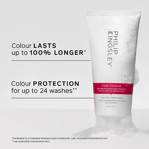 Image 1 - A tube of Philip Kingsley Pure Colour reviving conditioner is shown with bubbles, along with text stating Colour LASTS up to 100% LONGER* and Colour PROTECTION for up to 24 washes**.
Image 2 - A person is holding a white tube of hair treatment product labeled PHILIP KINGSLEY PURE COLOUR beside key benefits which state it deeply nourishes colour-treated and chemically processed hair, adds body, bounce and shine, and reduces colour fade while improving elasticity for stronger hair and longer-lasting colour.
Image 3 - Image of a creamy hair product swatch on a light gray background with a customer review stating Fabulous product. Helps to keep my COLOUR LOOKING FRESH & my hair really CLEAN & SILKY. CUSTOMER REVIEW.
Image 4 - A tube of Philip Kingsley Pure Colour Conditioning treatment is shown against a light background, with text listing key ingredients including Betaine and Pataua Oil and their benefits for hair.
Image 5 - Image shows a comparison of hair transformation depicting two women from the back; the left side labeled BEFORE shows straight, flat, and slightly dull long hair, while the right side labeled AFTER shows voluminous, wavy, and shiny long hair.
Image 6 - A close-up of shiny, straight hair with a black comb positioned in the mid-lengths and ends, accompanied by text that reads Trichologist Tip: After shampooing, gently work into the mid-lengths and ends of the hair, avoiding the roots. Rinse well.