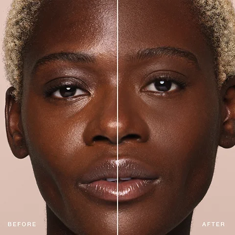 A close-up split image shows a person with dark skin and short blonde curly hair, with the left side labelled BEFORE depicting natural skin texture and the right side labelled AFTER showing smoother, more even-toned skin on the forehead and under the eyes.