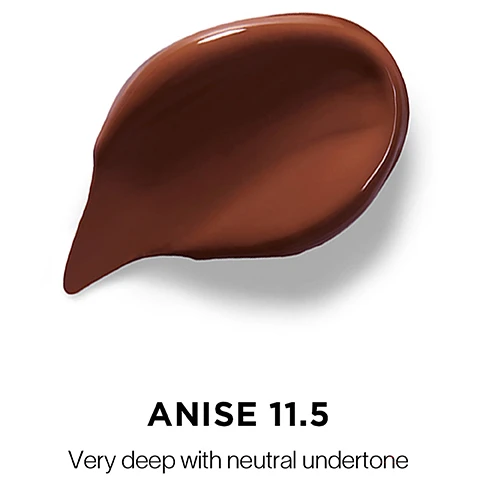 Image 1 - A glossy, dark brown paint swatch shaped like a droplet with the text Anise 11.5 Very deep with neutral undertone below it.
Image 2 - Image shows a side-by-side comparison of a persons face labeled Before on the left and After on the right, demonstrating a skin tone change with visible text below reading ANISE 11.5 Very deep with neutral undertone.