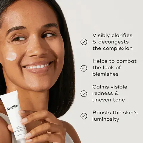Image 1, Medik8 Visibly clarifies & decongests the complexion Helps to combat the look of blemishes Calms visible redness & uneven tone Boosts the skin's luminosity Image 2, AM PM HOW TO LAYER Mediks Mediks Mediks Mediks CLEANSE TONE TARGET SUNSCREEN Modis Mediks Mediks Mediks CLEANSE TARGET VITAMIN A MOISTURISE Image 3, A silver tube of Medik8 Clarity Peptides serum is displayed on a white surface, with labeled text detailing key ingredients: Niacinamide (10%) - visibly calms skin & supports its natural barrier, Crystalide Peptide - promotes even, luminous-looking skin, and Zinc PCA - helps to balance blemish-causing bacteria.
