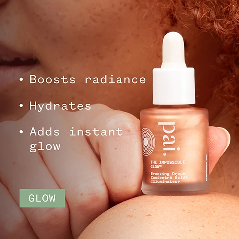 Image 1 - A close-up of a person’s hand holding a dropper bottle labeled “pai” with product text reading THE IMPOSSIBLE GLOW and phrases like Boosts radiance, Hydrates, and Adds instant glow alongside a green box displaying the word GLOW.
Image 2 - An orange swirl of creamy product with visible text stating 86% said skin looks radiant and certification icons for organic, vegan, and B Corporation along with a note about an independent consumer trial of 172 subjects.