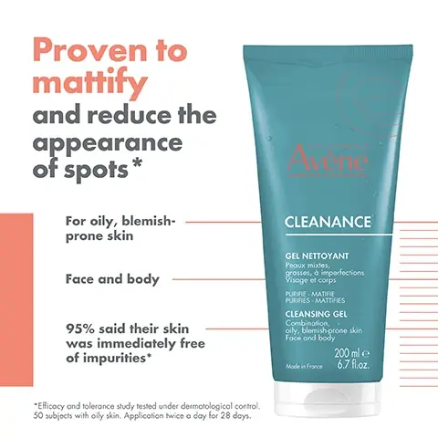 Image 1 - A turquoise tube of Avene Cleanance cleansing gel with visible text stating it is proven to mattify and reduce the appearance of spots, designed for oily, blemish-prone skin for face and body, and noting that 95% of users said their skin was immediately free of impurities.
Image 2 - A turquoise tube of Avène Cleanance cleansing gel displays benefits such as mattifies, cleanses, soothes, and light texture, with visible text 200 ml 6.7 fl. oz. and additional details in French.
Image 3 - Three skincare products from Avène are displayed: a teal cleansing gel labeled Cleanance, a white anti-blemish moisturizing concentrate labeled Cleanance, and an orange SPF 50 oil control fluid labeled Ultra Fluid, with instructions to cleanse, moisturize, and protect.
Image 4 - Image showing a close-up of aqua-colored bubbles, with the text SOFT AND LIGHT FOAM at the top and Easy to rinse-off in the bottom right corner.