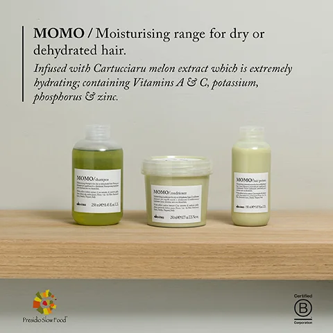 MOMO/Moisturising range for dry or dehydrated hair. Infused with Cartucciaru melon extract which is extremely hydrating; containing Vitamins A & C, potassium, phosphorus & zinc. Presidio Slow Food MOMO MOMO Nativ MOMO Certified B Corporation