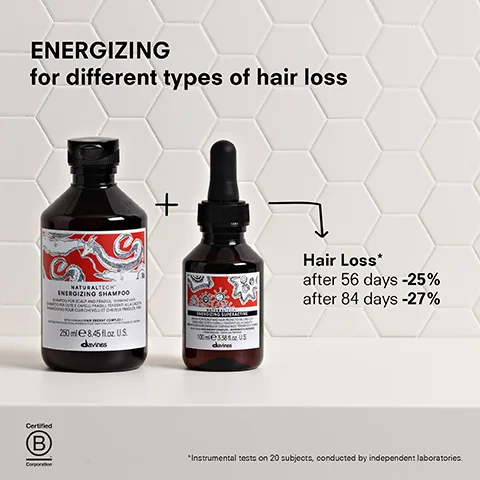 ENERGIZING for different types of hair loss NATURALTECH ENERGIZING SHAMPOO OUR CAR CHA + 250 ml e8.45 floz U.S. davines AUS davines Hair Loss* after 56 days -25% after 84 days -27% Certified B Сороки *Instrumental tests on 20 subjects, conducted by independent laboratories.