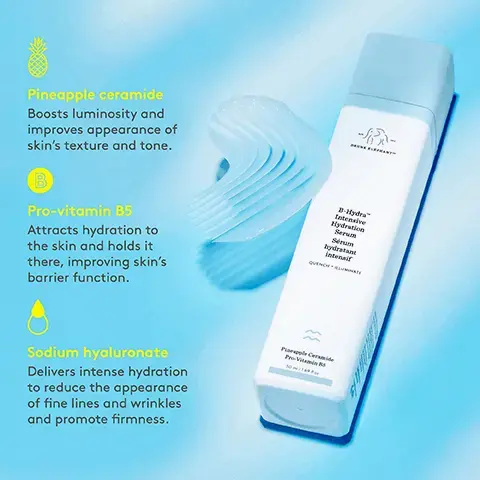 Image 1, Pineapple ceramide Boosts luminosity and improves appearance of skin's texture and tone. Pro-vitamin B5 Attracts hydration to the skin and holds it there, improving skin's barrier function. B-Hydra Intensive Hydration Serum Sérum hydratant intensif Sodium hyaluronate Delivers intense hydration to reduce the appearance of fine lines and wrinkles and promote firmness. Popple Cide Pro-Vitamins Image 2, 97% agreed skin felt smoother 93% agreed skin felt more hydrated 93% agreed skin looked more radiant Image 3, VITAMIN A AKA RETINOL SMOOTHS MEET YOUR VITAMINS VITAMIN B PRO-VITAMIN B5 HYDRATES VITAMIN Dramatically improves the look and feel of uneven skin tone and texture Attracts and holds hydration in the skin, improving barrier function VITAMIN F AKA FATTY ACIDS (linolenic and linoleic) REVIVES C AKA L-ASCORBIC ACID BRIGHTENS Firms and brightens the skin while fending off free radicals Plays a vital role in maintaining hydration levels and improving skin's texture and suppleness Image 4, good to glow smoothie for smoother, hydrated, glowing skin 剑 1 PUMP T.L.C. Framboos Night Ser Ma AG 2-3 DROPS 1 PUMP B-Hydra Mix it all together and apply. A-Gloei