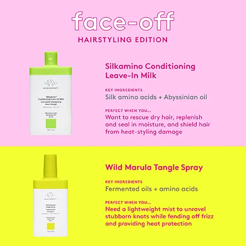 face-off HAIRSTYLING EDITION Silkamino Conditioning Leave-In Milk KEY INGREDIENTS Silk amino acids + Abyssinian oil PERFECT WHEN YOU... Want to rescue dry hair, replenish and seal in moisture, and shield hair from heat-styling damage Wild Marula Tangle Spray KEY INGREDIENTS Fermented oils + amino acids PERFECT WHEN YOU... Need a lightweight mist to unravel stubborn knots while fending off frizz and providing heat protection