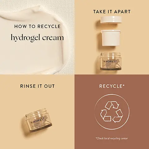 Image 1, squalane and jojoba, know to moisturize and soften. 2 types of hyaluronic acid. Image 2, how to recycle hydrogel cream - take it apart, rinse it out, recycle