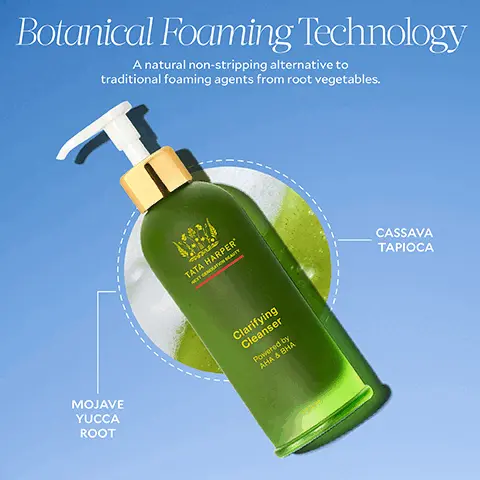 Image 1, Botanical Foaming Technology A natural non-stripping alternative to traditional foaming agents from root vegetables. MOJAVE YUCCA ROOT TATA HARPER' Clarifying Cleanser Powered by AHA & BHA CASSAVA TAPIOCA Image 2, 3 Steps for Clarity STEP 1: CLEANSE Clarifying Cleanser STEP 2: TREAT Clarifying Mask STEP 3: HYDRATE Clarifying Moisturizer