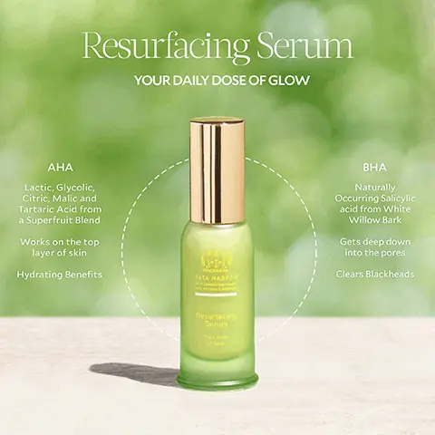 Image 1, Resurfacing Serum YOUR DAILY DOSE OF GLOW AHA Lactic, Glycolic, Citric, Malic and Tartaric Acid from a Superfruit Blend Works on the top layer of skin Hydrating Benefits TATA HARPER Resurfacing Serum и смож ВНА Naturally Occurring Salicylic acid from White Willow Bark Gets deep down into the pores Clears Blackheads Image 2, RESURFACING SERUM REPLACES TATA HARPER VITAMIN C SERUM AHA AHA SERUM BHA BHA TONER HYDRATOR Resurfacing Serum COLOR CORRECTOR ANTIOXIDANT BOOSTER Image 3, -EVEN SKIN TONE -MINIMIZE PORES — CELLULAR RENEWAL TATA HARPER NEXT GENERATION BEAUTY Resurfacing Serum Dose -BRIGHTEN- -HYDRATE- Image 4, 3 Steps for Glow STEP 1: CLEANSE Regenerating Cleanser STEP 2: MASK Resurfacing Mask STEP 3: TREAT Resurfacing Serum