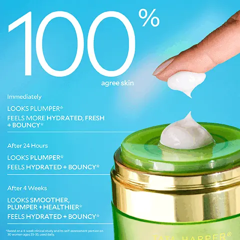 Image 1, 100° % Immediately LOOKS PLUMPER* FEELS MORE HYDRATED, FRESH + BOUNCY* After 24 Hours LOOKS PLUMPER* FEELS HYDRATED + BOUNCY* After 4 Weeks LOOKS SMOOTHER, PLUMPER + HEALTHIER* FEELS HYDRATED + BOUNCY* *Based on a 4-week clinical study and its self-assessment portion on 30 women ages 25-35, used daily agree skin ATA OPPER® Image 2, BEFORE AFTER makes skin CLINICALLY PROVEN smoother, bouncier, + 71% more hydrated* *Based on a 4-week clinical study and its self-assessment portion on 30 women ages 25-35, used daly Image 3, CLINICALLY PROVEN hydration IMMEDIATE + LONG-LASTING Skin is 71% more hydrated and still 40% more hydrated 24 hours later.* *Based on a 4-week clinical study and its self-assessment portion on 30 women ages 25-35, used daily. Image 4, HYDRATE- PLUMP. MOISTURIZE TATA HARPER® NEXT GENERATION BEAUTY Water-Lock Moisturizer With Skin Smoothing Peptides 1.7 fl. oz. NOURISH -REFINE PORES