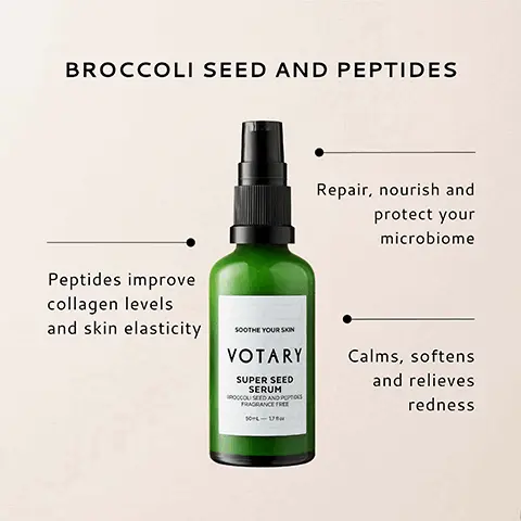 BROCCOLI SEED AND PEPTIDES Peptides improve collagen levels and skin elasticity SOOTHE YOUR SKIN VOTARY SUPER SEED SERUM BROCCOLI SEED AND PEPTIDES FRAGRANCE FREE 50mL 1.7 fl oz Repair, nourish and protect your microbiome Calms, softens and relieves redness Image 2, CLINICALLY PROVEN TO REDUCE redness, increase moistuRE LEVELS & REDUCE WRINKLES 100% SAY REDNESS IS REDUCED 94% SAY SKIN IS MORE HYDRATED 89% SAY SKIN IS MORE RADIANT SOOTHE YOUR SKIN VOTARY SUPER SEED SERUM BROCCOLI SEED AND PEPTIDES FRAGRANCE FREE 50ml 1.7 floz VOTARY