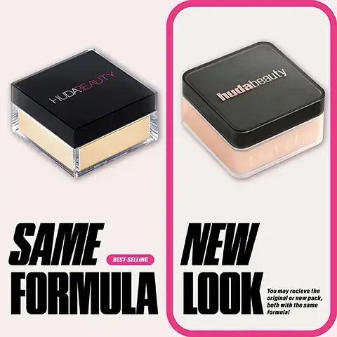 Image 1 - Two square beauty product containers are shown side by side; the left contains a black box labeled HUDA BEAUTY with a beige powder inside, and the right features a black and peach box labeled huda beauty EASY BAKE, accompanied by text stating SAME FORMULA BEST-SELLING and NEW LOOK, with a message that reads You may receive the original or new pack, both with the same formula.
Image 2 - Image showing a split face comparison of a woman, with the left side labeled BEFORE EASY BAKE and the right side labeled AFTER EASY BAKE, with the text NO RETOUCHING at the top right and BANANA BREAD at the bottom right.
Image 3 - An easy bake guide with three columns labeled Light, Medium, and Rich, displaying various baked goods with descriptions for each; items include Sugar Cookie, Cherry Blossom Cake, Pound Cake, Cupcake, Peach Pie, Banana Bread, Ube Birthday Cake, Blondie, Kunafa, Cinnamon Bun, and Coffee Cake. Image 4 - A close-up image of a woman’s face divided into three sections showing the application of makeup products, with visible text labeling each step: 1 PRIME Easy Blur Primer, 2 BLUR 400G Macchiato, and 3 BAKE Peach Pie, with a banner stating NO RETOUCHING.
Image 5 - A grid of ten close-up images of diverse women showcasing different makeup looks, labeled with names of desserts: Sugar Cookie, Cherry Blossom Cake, Ube Birthday Cake, Cupcake, Pound Cake, Peach Pie, Banana Bread, Blondie, Kunafa, and Cinnamon Bun.