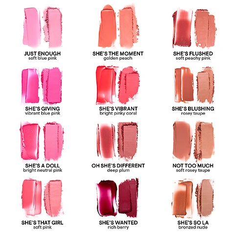 Image 1 - A grid of lipstick swatches showing various shades and their names, including Just Enough (soft blue pink), Shes The Moment (golden peach), Shes Flushed (soft peachy pink), Shes Giving (vibrant blue pink), Shes Vibrant (bright pinky coral), Shes Blushing (rosey taupe), Shes A Doll (bright neutral pink), Oh Shes Different (deep plum), Shes That Girl (soft pink), Shes Wanted (rich berry), Not Too Much (soft rosey taupe), and Shes So La (bronzed nude).
Image 2 - A makeup compact with a rose gold exterior contains two sections: the top has a peach crème product, and the bottom features a peach powder with an embossed logo, labeled LAYER CRÈME and OVER POWDER.
Image 3 - A close-up of a womans face showcasing three different makeup applications: the left side is labeled Before, the middle shows makeup With Powder, and the right side displays With Crème Over Powder, with text indicating PATRICKS TECHNIQUE WITH SHES BLUSHING.