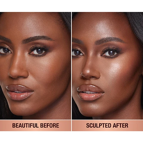 Image 1 - A close-up of a womans face showing makeup, with a side-by-side comparison labeled BEAUTIFUL BEFORE on the left and SCULPTED AFTER on the right.
Image 2 - A tube of Hollywood Contour Wand with a swatch of contour cream next to it, featuring text highlighting its benefits: 7 natural-looking shades, instant lift effect, buildable and blendable customizable contour, and long-lasting wear with Charlottes Pro Grip Tech.
Image 3 - Image shows a grid of eight women with varying skin tones, each displaying different makeup looks, labeled from top to bottom and left to right as Fair, Fair - Medium, Medium, Medium - Deep, Tan, Tan - Deep, and Deep.