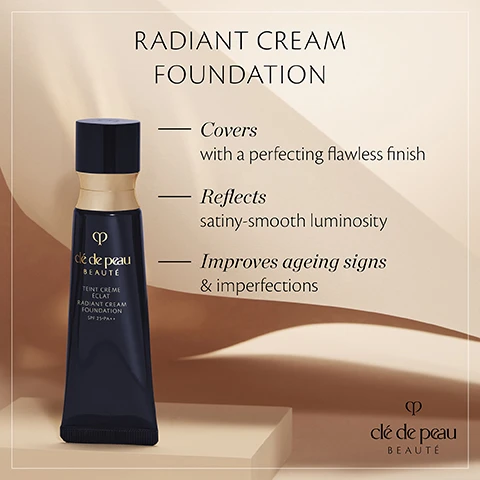image 1, radiant cream foundation. covers with a perfecting flawless finish. reflect with satiny smooth luminosity. improves ageing signs and imperfections. image 2, instantly covers and improves ageing signs for enhanced skin contours. image 3, in 4 weeks skin looks more radiant and fine lines are improved. clinical test conducted on 31 women aged between 21 and 60.