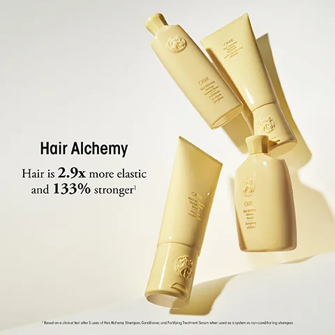 Four Oribe Hair Alchemy hair care products are shown with the text Hair Alchemy Hair is 2.9x more elastic and 133% stronger¹.