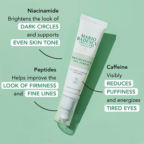 Image 1 - A tube of Mario Badescu Brightening Eye Serum is displayed against a light background, with text highlighting its key ingredients and benefits: Niacinamide brightens dark circles and supports even skin tone, Peptides improve the look of firmness and fine lines, and Caffeine visibly reduces puffiness and energizes tired eyes.