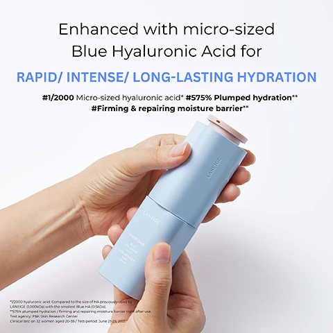 Image 1 - A pair of hands holds a light blue Laneige Water Bank Blue Hyaluronic Serum bottle with a pink cap, and the surrounding text promotes it as Enhanced with micro-sized Blue Hyaluronic Acid for RAPID/ INTENSE/ LONG-LASTING HYDRATION, with claims of #1/2000 Micro-sized hyaluronic acid*, #575% Plumped hydration**, and #Firming & repairing moisture barrier**. Image 2 - The image displays a bar chart showing a moisture level increase from 5.04 Before use to 34.08 Immediately After use, accompanied by the text: 575% immediate hydration Visibly smooth and supple complexion with the hydration Moisture Level Test agency: P&K Skin Research Center Clinial test on 32 women aged 20-35 / Test period: June 21-25, 2021. Image 3 - A persons finger with a pink nail gently applies a light, translucent serum to their cheek near their eye, with the visible text Instant 4.9% skin firming to help smooth the complexion and *Based on a clinical test on 32 women immediately after use. Image 4 - The image features two light blue LANEIGE Water Bank serum bottles, one upright and one lying down with a pink pump, set against a light blue background with a clear arc, displaying the text Thirst-Quenching WATER BANK SERUM, and on the upright bottle, WATER BANK BLUE HYALURONIC Serum HYALURONIQUE BLEU Sérum.