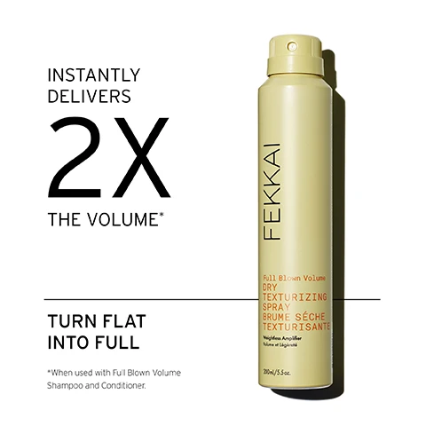 Image 1, instantly delivers 2 times the volume. turn flat into full. when used with full blown volume shampoo and conditioner. image 2, how to use = hold 6-10 inches away from dry hair, then lift with fingers and spray up from underneath. image 3, spray 3 ways. 1 = texturiser: lift and texturise at the roots for added volume. 2 = setting spray - finish with a distant spray, targeting mid lengths to ends. 3 = dry shampoo - refresh your roots and add volume between washes.