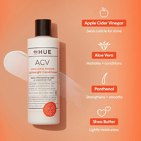 Image 1 - A bottle of dpHUE Apple Cider Vinegar Lightweight Conditioner is placed against an orange background, with a small amount of the conditioner next to it; text on the bottle includes “ACV Apple Cider Vinegar Lightweight Conditioner” and descriptions of ingredients like “Seals cuticle for shine,” “Hydrates + conditions,” “Strengthens + smooths,” and “Lightly moisturizes.”
Image 2 - A woman with long, wavy brown hair is shown from the side against an orange background, with text listing product benefits: Why Youll Love It, Lightweight conditioning formula, Helps soothe irritated scalps, Promotes hair shine, Maintains scalp pH balance.
Image 3 - A collection of dpHUE hair care products, including shampoo, conditioner, scalp serum, hair rinse, hair masque, and exfoliating scalp detox, displayed against an orange background, with icons indicating that the products are color safe, paraben free, sulfate free, Leaping Bunny Certified, and pH balanced, along with the text hair care you can trust.