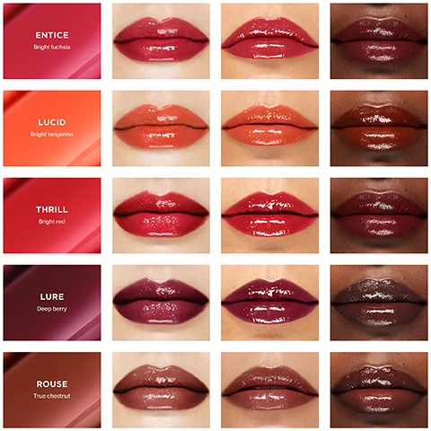Image 1 - Image shows a grid of lip swatches in various shades: top row labeled ENTICE with bright fuchsia, LUCID with bright tangerine, THRILL with bright red, and a darker lip shade; middle row labeled LURE with deep berry and a darker shade; bottom row labeled ROUSE with true chestnut, showcasing glossy finishes on different skin tones.
Image 2 - A grid of eight images of lips showcasing various lip colors and finishes, with labels including Desire (cool pink), Slip (true rose), Impulse (deep red), Haze (burnt rosewood), and Crave (warm pink).
Image 3 - A grid of eight pairs of lip images showcasing various lip colors with labeled shades including Wish (warm peach), Rise (cool beige), Trace (beige), Sense (peachy beige), and Mist (pale pink) arranged in four rows.
Image 4 - A grid of images showcasing various lip colors, each featuring a different shade with descriptions in the corners that read: NEW WANDER Pale pink with gold and silver pearl, NEW INVITE Rosy brown with gold pearl, NEW SECRET Deep rose with rose gold pearl, NEW RED O True red, and REVEAL True pink.