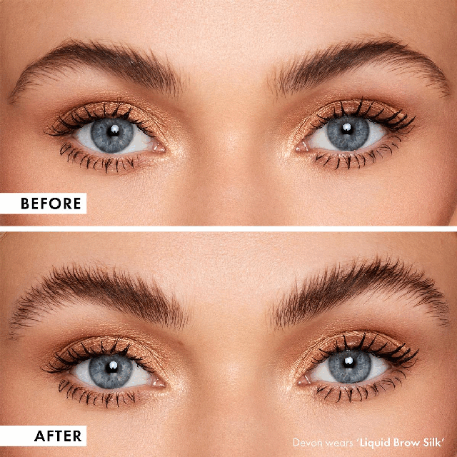 Four images transitioning into each other in an endless loop. Image 1: A before and after shot. Text: Before. After. Devon wears liquid brow silk. Image 2: Another before and after shot example. Text: Before. After. Paris wears liquid brow silk. Image 3: A model shot showing the product being used. Text: Devon wears liquid brow silk. Image 4: Final model shot. Text: Paris wears liquid brow silk.
