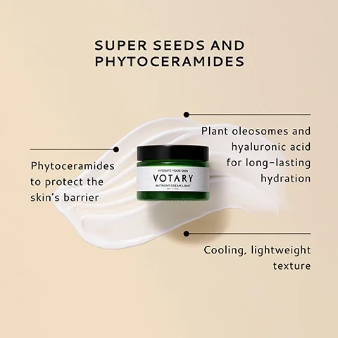 A green jar labeled VOTARY Nutrient Cream Light sits on a creamy white swirl against a beige background, accompanied by text describing its benefits: Super seeds and phytoceramides, phytoceramides to protect the skins barrier, plant oleosomes and hyaluronic acid for long-lasting hydration, and cooling, lightweight texture.