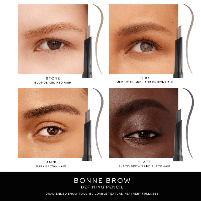 Image 1, Text, Bonne Brow defining pencil, dual ended brow tool, buildable texture, feathery fullness. Grid showing the product on models. Image 2, Text, Retractable, angled tip, for easy hair-like strokes. Just the right glide for smooth, even application. detachable, dry spoolie for superior control and precise grooming. 100% naturally derived pigments