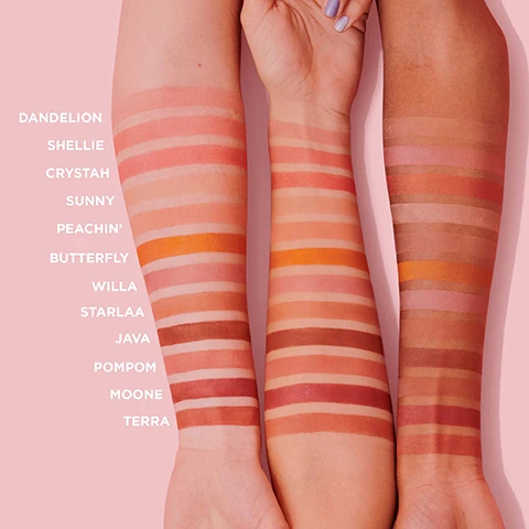 Image 1 - Three arms with various shades of blush swatches are displayed against a pink background, with visible text on the left listing the shade names: Dandelion, Shellie, Crystalah, Sunny, Peachin, Butterfly, Willa, Starlaa, Java, Pompom, Moone, and Terra.
Image 2 - A flat lay of various colored powder cosmetics in shades of pink, peach, and brown, with visible text describing their qualities: Silky-soft powder, Airbrushed & blurring effect, Blendable & buildable, Ultra-fine, Satins, shimmers & mattes, and Weightless.
Image 3 - Image shows a close-up of a womans face split into two sections, with the left side labeled BEFORE showing her skin with blemishes and the right side labeled LIKE IT A LATTE showing smoother skin.