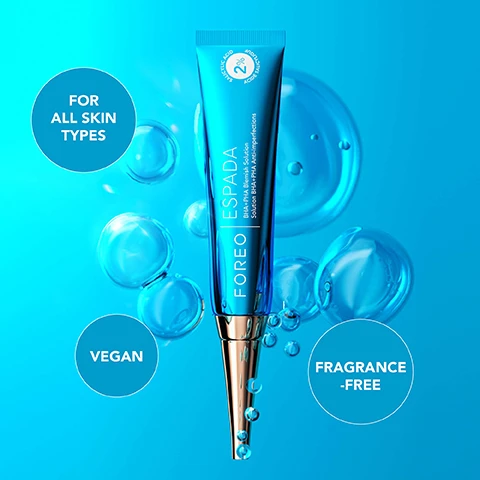 Image 1, for all skin types. vegan. fragrance free. image 2, BHA and PHA. exfoliating and hydrating. moisturising antioxidant exfoliating. image 3, use espada blemish solution with espada 2 devices. clinically proven to treat and heal acne prone skin. clinically proven to reduce blackheads by 41% and white heads by 45%. based on 28 day clinical testing on 41 female subjects, aged 18-45. image 3, exfoliating salicylic acid. balancing witch hazel. strengthening niacinamide. soothing tea tree oil. moisturising penthenol and lactobionic acid. image 4, before and after.