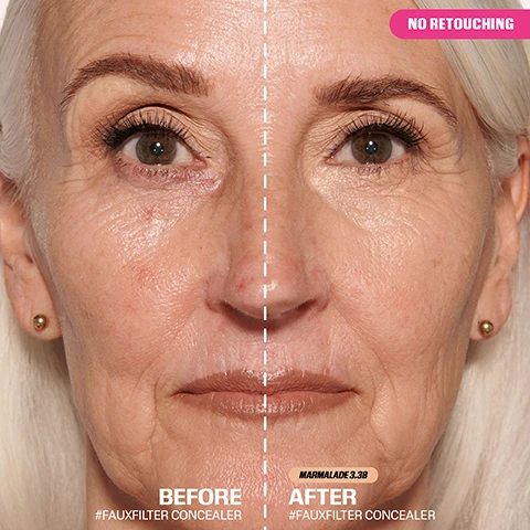 Image 2 - A close-up, split-screen image of a womans face showing a before and after comparison, with the left side revealing natural skin texture, visible wrinkles, and dark circles, and the right side displaying a smoother, more even complexion with reduced wrinkles and under-eye discoloration, accompanied by the text NO RETOUCHING, BEFORE #FAUXFILTER CONCEALER, and AFTER #FAUXFILTER CONCEALER MARMALADE 3.3B. Image 3 - A four-panel grid shows before-and-after comparisons for various skin concerns: the top left features a face with brown spots then clear skin, labeled SPOT CONCEAL; the top right features a face with dark undereye circles then brightened eyes, labeled DARK CIRCLES; the bottom left features a face with uneven pigmentation then an even skin tone, labeled PIGMENTATION; and the bottom right features a face with acne then clear skin, labeled ACNE, with the central text BLUR YOUR CONCERNS. Image 4 - A grid of 12 headshots displays different individuals modeling various makeup shades, with text reading Shade Navigation, Light-Medium Skin Tone, Whipped Cream 0.1G, Royal Icing 1.1N, Marshmallow 1.3G, Yogurt Drops 1.5B, Honey 1.7B, Meringue 2.1N, Cotton Candy 2.3B, Nougat 2.5G, Coconut Flakes 2.7N, Vanilla Swirl 3.1B, Marmalade 3.3B, Sugar Biscuit 3.5N. Image 5 - A cosmetic applicator with light brown liquid foundation dripping onto its bristles, accompanied by text reading NON-COMEDOGENIC, VITAMIN C PROTECTS, SWEET ALMOND OIL GOOD FOR DRY SKIN, and FRAGRANCE-FREE SAFE FOR SENSITIVE SKIN. Image 6 - A before and after comparison image of a persons under-eyes, showing the transformation from dark circles to a brightened and smoothed appearance, followed by a three-step routine demonstrating the application of a colour corrector, matte concealer, and loose powder, with the visible text: BEFORE AFTER THE ULTIMATE UNDEREYE ROUTINE #FAUXFILTER COLOUR CORRECTOR #FAUXFILTER MATTE CONCEALER EASY BAKE LOOSE POWDER. Image 7 - A beauty chart displays complexion pairings for medium skin tones, featuring ten diverse models each shown with a Huda Beauty #FauxFilter Concealer and an Easy Bake Setting Powder, and the visible text reads: COMPLEXION PAIRINGS, MEDIUM SKIN TONE, #FAUXFILTER CONCEALER, EASY BAKE SETTING POWDER, Marmalade 3.3B, Cupcake, Sugar Biscuit 3.5N, Peach Pie, Graham Cracker 4.1G, Peach Pie, Cookie Dough 4.3N, Peach Pie, Granola 4.5G, Peach Pie, Caramel Corn 5.1N, Banana Bread, Toasted Almond 5.3G, Banana Bread, Candied Ginger 6.1G, Ube Birthday Cake, Praline 6.3N, Ube Birthday Cake, Brittle 6.5G, Blondie. Image 8 - The image displays two Huda Beauty liquid makeup products side-by-side, each with its detached applicator, illustrating a packaging and applicator update; the left product, labeled SAME FORMULA, has HUDABEAUTY written vertically on its clear bottle, while the right product, enclosed in a pink border and labeled NEW LOOK, has hudabeauty written vertically on its clear bottle and a small pink label stating NEW APPLICATOR.